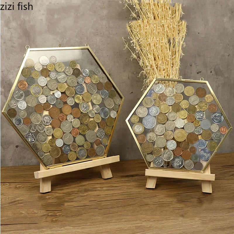 Hexagonal Glass Storage Box Coin Collection Box Photo Frame Specimen Holder Picture Frame Photo Rack Display Stand Organizer