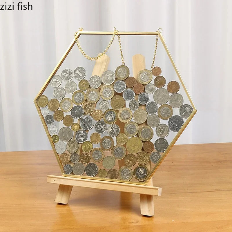 Hexagonal Glass Coin Display Box  Photo & Specimen Organizer
