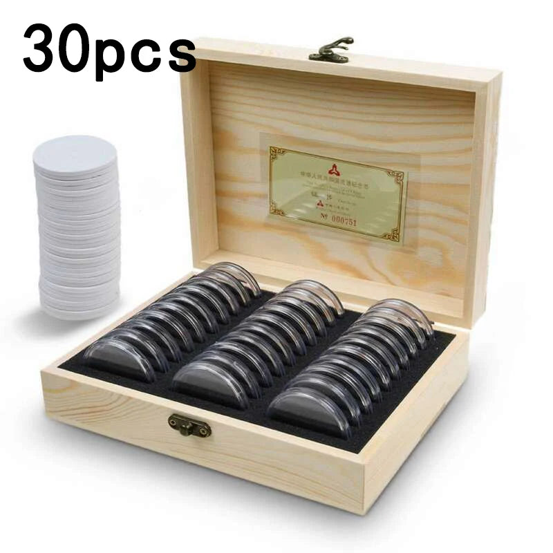 30pcs 20/25/30/35/40mm Coin Storage Box Wooden Commemorative Coin Collection Protector Storage Box Case