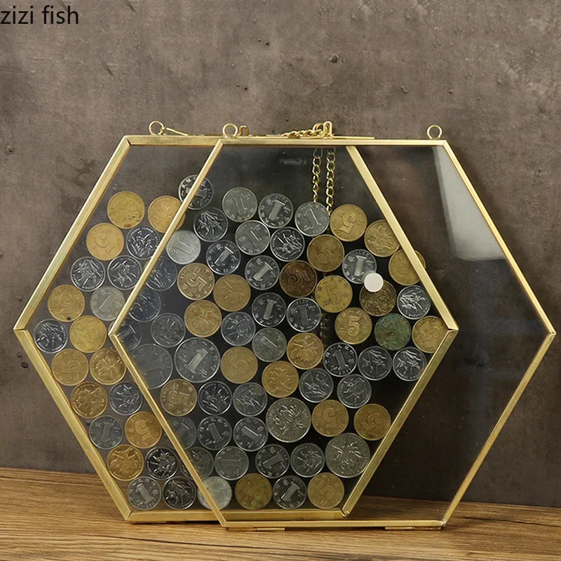 Hexagonal Glass Coin Display Box  Photo & Specimen Organizer