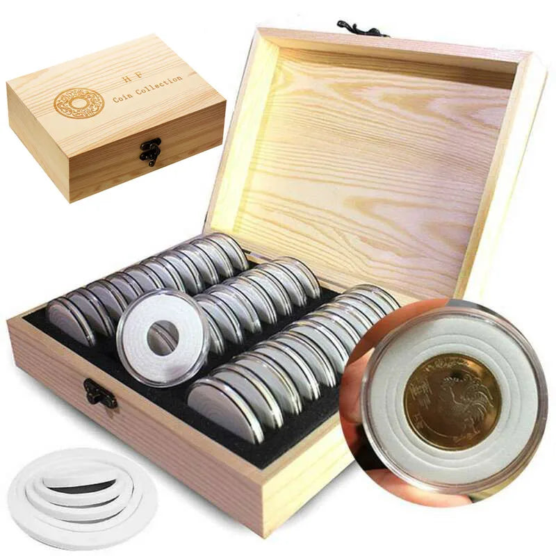 30-Piece Wooden Coin Storage Box  Multi-Size Collector Case