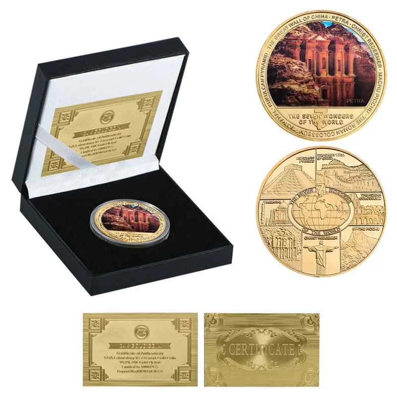 The Seven Wonders of The World Gold Plated Commemorative Challenge Coins Souvenir Business Gift for Father Collectible Gift