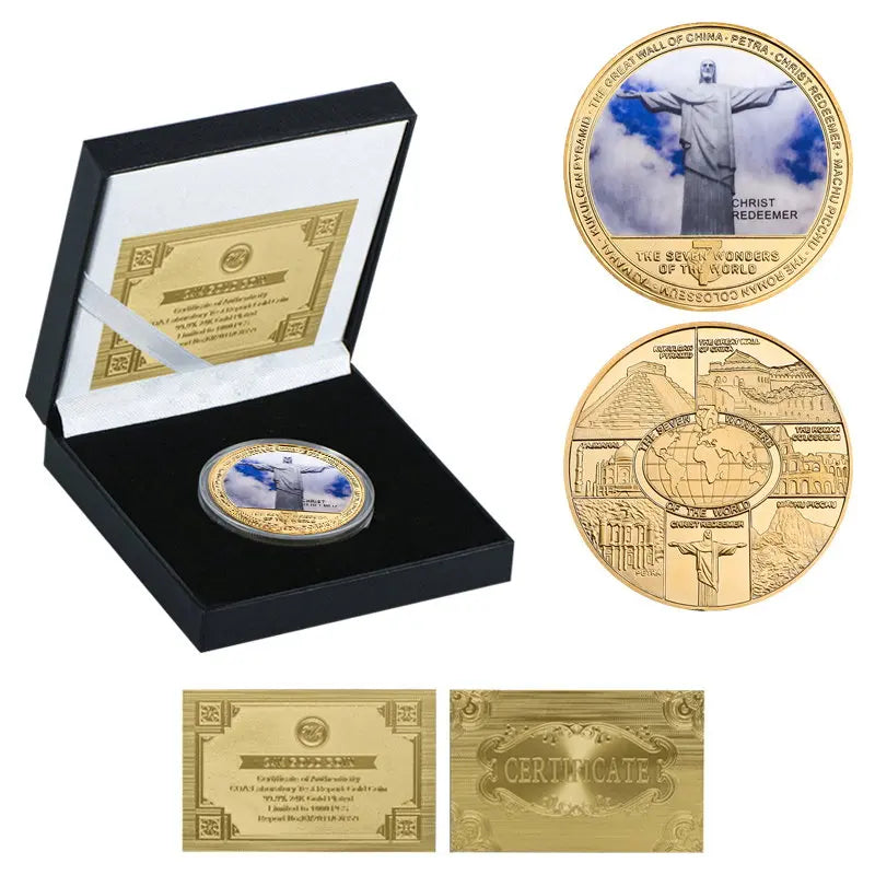 The Seven Wonders of The World Gold Plated Commemorative Challenge Coins Souvenir Business Gift for Father Collectible Gift