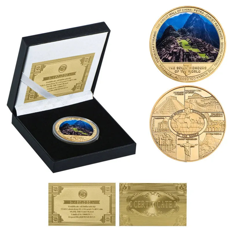 The Seven Wonders of The World Gold Plated Commemorative Challenge Coins Souvenir Business Gift for Father Collectible Gift